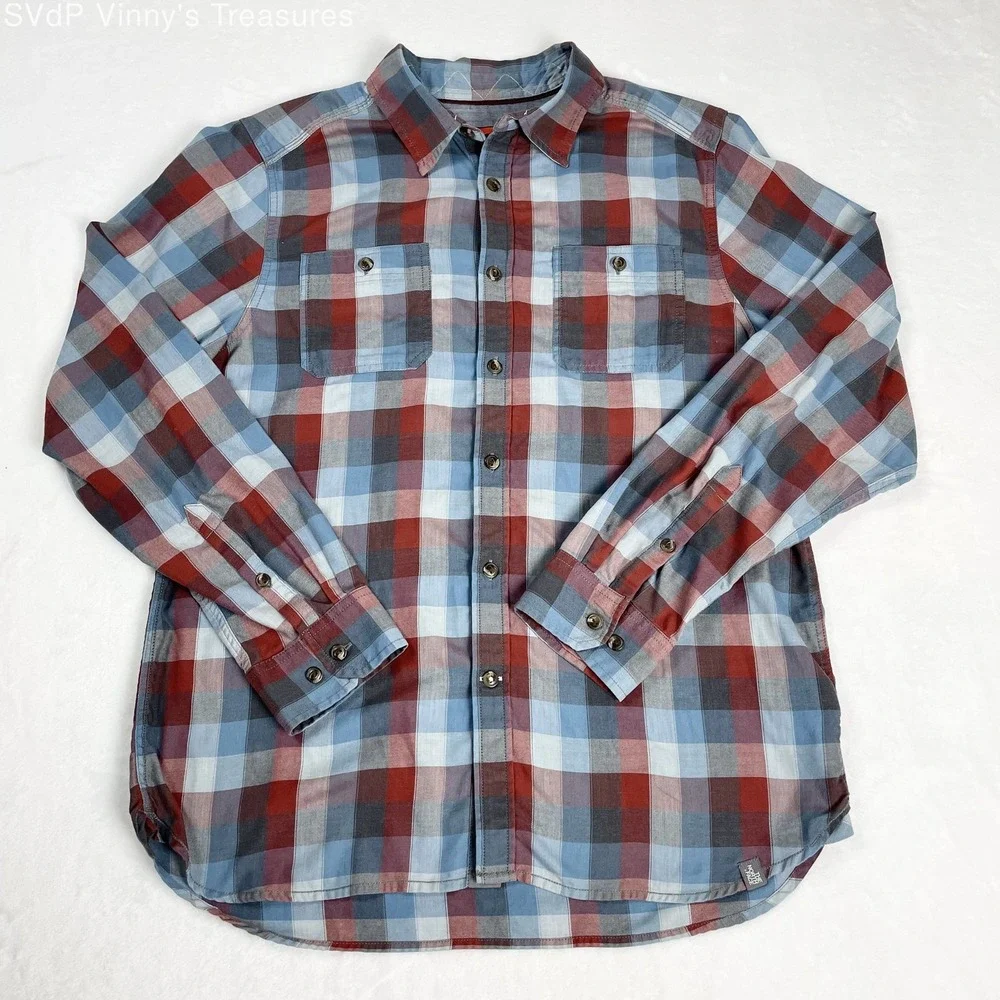 The North Face Blue and Red Plaid Cotton Blend Button Down Long Sleeve Mens L